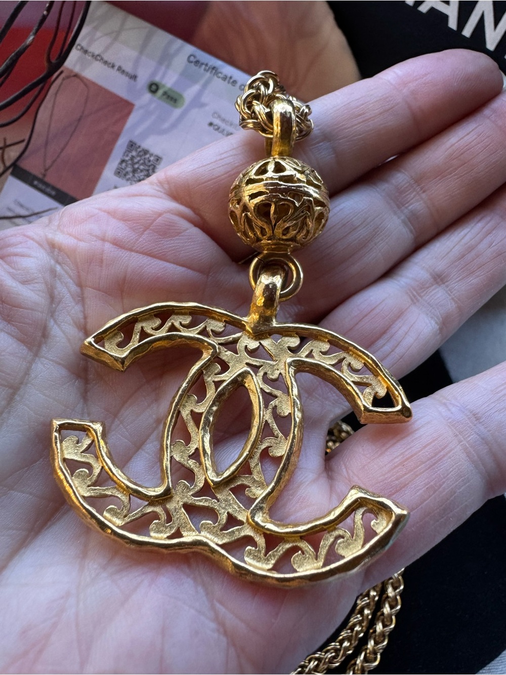 CHANEL Vintage Gold Plated Filigree Ball CC Pendant Necklace 30”Long With COA - Picture 6 of 10